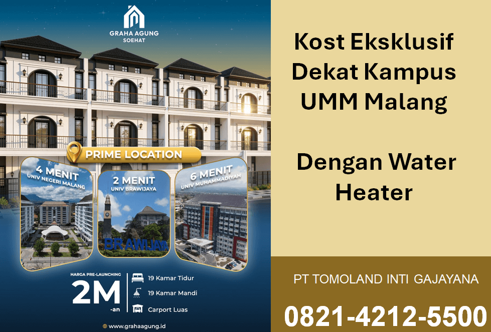 Kost Eksklusif Dekat Kampus UMM Malang Dengan Water Heater
