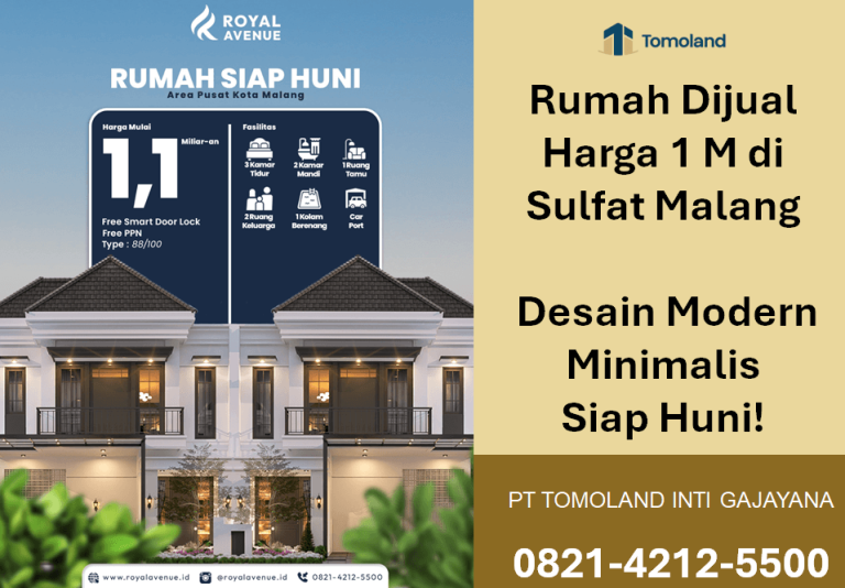 Rumah Dijual Harga 1 M di Sulfat Malang, Desain Modern Minimalis Siap Huni! Royal Avenue Tomoland