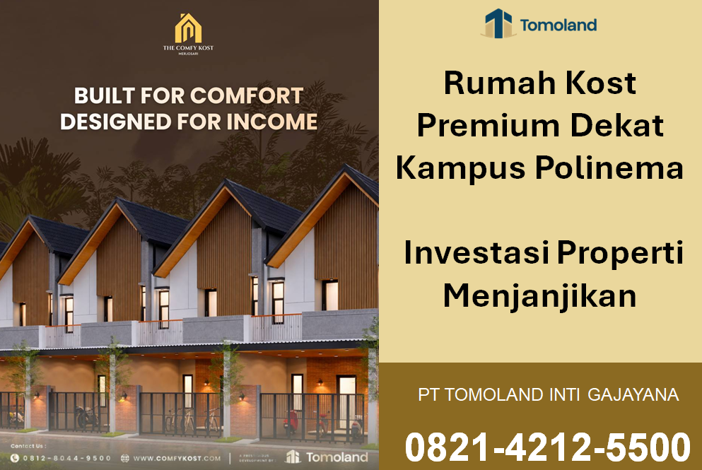 Rumah Kost Premium Dekat Kampus Polinema: Investasi Properti Menjanjikan | Comfy Kost by Tomoland Rumah Kost Premium Dekat Kampus Polinema kini menjadi primadona baru bagi para investor properti di Kota Malang. Lonjakan jumlah mahasiswa baru setiap tahun menciptakan permintaan pasar yang sangat masif terhadap hunian eksklusif. Oleh karena itu, memilih instrumen investasi ini merupakan langkah finansial yang sangat strategis dan visioner. PT Tomoland hadir untuk memberikan solusi properti terbaik guna mengamankan kebebasan finansial masa depan Anda. Langkah investasi ini memberikan kepastian keuntungan jangka panjang yang sangat stabil melalui pendapatan pasif bulanan. Terlebih lagi, pertumbuhan nilai aset properti di kawasan pendidikan Kota Malang mengalami kenaikan yang sangat signifikan. Melalui artikel ini, kami akan membedah secara mendalam potensi keuntungan bisnis hunian sewa komersial. Urgensi Memiliki Rumah Kost Premium Dekat Kampus Polinema Mengapa Rumah Kost Premium Dekat Kampus Polinema memiliki tingkat okupansi yang sangat tinggi setiap tahun? Mahasiswa modern saat ini tidak hanya mencari tempat tinggal biasa, melainkan mereka berburu hunian yang sangat nyaman. Fasilitas lengkap dan lokasi strategis menjadi indikator utama bagi mahasiswa dalam memilih kamar hunian sewa. Akibatnya, properti yang menawarkan konsep premium selalu penuh oleh penyewa bahkan sebelum tahun ajaran baru dimulai. Kondisi pasar yang sangat kompetitif ini tentu memberikan keuntungan besar bagi pemilik aset properti sewa eksklusif. Anda tidak perlu khawatir kehilangan momentum pasar karena permintaan pasar selalu melebihi kapasitas ketersediaan unit. Oleh karena itu, memiliki properti komersial di kawasan ini merupakan keputusan bisnis yang sangat tepat. Analisis ROI Bisnis Properti Sewa Mahasiswa di Malang Bagaimana cara menghitung ROI dan capital gain dari bisnis Rumah Kost Premium Dekat Kampus Polinema? Investor cerdas selalu melihat potensi keuntungan bersih melalui perhitungan Return on Investment (ROI) yang akurat dan terukur. Pendapatan bisnis ini berasal dari tarif sewa tahunan serta kenaikan harga tanah yang sangat pesat. Berikut adalah rincian proyeksi finansial investasi properti komersial yang dapat Anda pelajari: Keuntungan dari harga sewa kamar yang mencapai puluhan juta rupiah per unit setiap tahun. Pertumbuhan nilai aset atau capital gain tanah yang mencapai minimal 10% hingga 15% pertahun. Pendapatan tambahan dari penyediaan fasilitas berbayar seperti layanan cuci baju dan kantin mahasiswa. Penghematan biaya operasional melalui sistem pengelolaan manajemen properti yang terpadu dan profesional. Efisiensi biaya pemasaran karena lokasi properti sudah memiliki daya tarik pasar yang sangat kuat. Melalui skema perhitungan yang sangat matang ini, modal awal investasi Anda akan kembali dalam waktu singkat. Anda dapat menikmati passive income secara berkelanjutan tanpa perlu mencemaskan fluktuasi ekonomi makro yang tidak menentu. Strategi Manajemen Bisnis Rumah Kost Premium Dekat Kampus Polinema Bagaimana sistem pengelolaan operasional Rumah Kost Premium Dekat Kampus Polinema agar menghasilkan passive income yang optimal? Pengelolaan properti sewa secara mandiri seringkali menyita banyak waktu, tenaga, serta konsentrasi para pemilik modal. Oleh karena itu, Anda memerlukan sistem manajemen pengelolaan modern yang mampu menangani seluruh kebutuhan operasional. Sistem yang baik akan mengatur pembayaran sewa, perawatan kebersihan bangunan, hingga pelayanan komplain dari para penghuni. Ketika sistem operasional berjalan secara otomatis, Anda dapat menikmati hasil investasi dengan sangat tenang dan nyaman. Properti Anda akan tetap menghasilkan keuntungan maksimal tanpa mengganggu aktivitas utama atau waktu luang Anda. Keunggulan sistem inilah yang menjadi daya tarik utama bagi para pebisnis properti investasi properti Malang saat ini. Fasilitas Eksklusif Penunjang Gaya Hidup Mahasiswa Modern Apa saja fasilitas standar yang wajib tersedia pada bangunan Rumah Kost Premium Dekat Kampus Polinema? Kenyamanan penghuni merupakan kunci utama untuk mempertahankan loyalitas penyewa kamar agar mereka betah tinggal berlama-lama. Oleh karena itu, ketersediaan fasilitas premium menjadi faktor pembeda yang sangat krusial di tengah persaingan bisnis. Tabel berikut menyajikan spesifikasi unit premium yang sangat ideal sebagai referensi investasi masa depan Anda: Komponen Properti Spesifikasi dan Fasilitas Unit Eksklusif Struktur Bangunan Konstruksi 2 Lantai dilengkapi dengan area Rooftop yang luas Kapasitas Ruang 12 Kamar tidur utama beserta 13 kamar mandi dalam Dimensi Aset Luas Tanah 96 m2 (6x16) dengan Luas Bangunan 100 m2 Area Kendaraan Carport luas yang mampu menampung hingga 14 Motor Fasilitas Bersama Taman asri, Ruang Tamu formal, Cafe, dan Mushola Sistem Keamanan One Gate System terpadu, Free CCTV, dan Wifi tiap lantai Bonus Pembelian Free Custom Denah, Free Perabot per kamar, Tandon air Legalitas Hukum Free ALL Pajak meliputi PPN, BBN, AJB secara resmi Spesifikasi unggulan di atas dapat Anda temukan pada produk Comfy Kost Merjosari yang berlokasi di Poros Jalan Joyogrand. Menariknya, produk properti mewah ini ditawarkan dengan special price sebesar 1,9 Miliar rupiah saja dari developer. Properti ini juga dekat dengan berbagai kampus ternama seperti Kampus UB, UIN, ITN, UM, dan UMM. Keunggulan Lokasi Strategis di Pusat Pendidikan Kota Malang Mengapa faktor kedekatan geografis dengan pusat pendidikan tinggi menjadi penentu utama keberhasilan bisnis properti sewa? Aksesibilitas kemudahan transportasi menuju area kampus merupakan hal utama yang paling dicari oleh para mahasiswa pendatang. Rumah kost premium dekat kampus Polinema menawarkan efisiensi waktu tempuh yang sangat luar biasa bagi aktivitas harian mahasiswa. Kedekatan jarak ini secara otomatis mendongkrak nilai jual serta daya saing properti Anda di pasaran. Selain itu, kawasan sekitar pusat pendidikan selalu hidup dengan perputaran ekonomi yang sangat tinggi selama 24 jam. Kehadiran berbagai fasilitas umum seperti pusat perbelanjaan dan tempat kuliner semakin memanjakan para penghuni kos premium. Hal ini menjadikan kawasan tersebut sebagai lokasi emas yang selalu diburu oleh para investor berskala nasional. Legalitas Aman Bersama Pengembang Properti Terpercaya Bagaimana cara memastikan keamanan legalitas hukum saat membeli aset hunian sewa komersial di Malang? Keamanan investasi Anda sangat tergantung pada reputasi dan rekam jejak developer yang membangun proyek properti tersebut. PT Tomoland selaku developer terbaik di Malang sejak 2009 selalu menjamin legalitas sertifikat tanah yang bersih. Kejelasan dokumen hukum akan melindungi hak kepemilikan aset Anda dari berbagai risiko sengketa pada masa mendatang. Memilih pengembang yang memiliki komitmen tinggi merupakan langkah preventif yang sangat penting bagi keselamatan modal Anda. Anda dapat menjalankan bisnis dengan rasa aman karena seluruh proses perizinan telah selesai dengan sangat sempurna. Komitmen inilah yang menjaga kepercayaan para konsumen setianya selama lebih dari belasan tahun berkarya. Potensi Income Ratusan Juta Rupiah Setiap Tahun Apakah bisnis hunian sewa mahasiswa mampu menghasilkan keuntungan bersih yang stabil di atas rata-rata? Bisnis kos eksklusif terbukti mampu menghasilkan keuntungan finansial yang jauh lebih besar daripada rumah kontrakan biasa. Sebagai contoh nyata, unit Comfy Kost Merjosari menawarkan potensi income hingga 216 Juta rupiah setiap tahunnya. Pendapatan fantastis ini berasal dari akumulasi biaya sewa kamar premium yang dibayarkan oleh mahasiswa setiap bulan. Terlebih lagi, Anda akan mendapatkan fasilitas Free Manajemen Kost yang mengelola okupansi kamar serta laporan keuangan bisnis. Kemudahan ini memastikan bisnis Anda tetap berjalan optimal tanpa memerlukan kehadiran fisik Anda setiap hari di lokasi. Anda cukup memantau perkembangan keuntungan bisnis ini secara berkala melalui laporan digital yang dikirimkan pengelola. Hubungi PT Tomoland Sekarang Juga Bagaimana cara mendaftarkan diri untuk mengikuti survey lokasi dan mengamankan unit properti terbaik ini? Momentum emas untuk memiliki aset kos eksklusif dengan penawaran harga terbaik ini tidak akan datang dua kali. Kami mengundang Anda secara terhormat untuk melihat langsung kualitas bangunan dan strategisnya lokasi proyek properti kami. Dapatkan penawaran eksklusif serta diskon khusus melalui sesi konsultasi privat bersama tim konsultan marketing profesional kami. Segera ambil keputusan investasi cerdas ini demi mengamankan masa depan finansial keluarga Anda yang gemilang sekarang. Silakan hubungi admin PT Tomoland melalui layanan aplikasi WhatsApp pada nomor resmi 0821-4212-5500 untuk informasi lebih lanjut. Kami siap membantu Anda mewujudkan kepemilikan aset properti komersial yang menguntungkan dan aman di Kota Malang. Investasi Rumah Kost Malang Dekat Kampus UB merupakan pilihan investasi properti terbaik dengan potensi keuntungan ratusan juta rupiah per tahun secara stabil dan aman bersama PT Tomoland. Rumah Kost Premium Dekat Kampus Polinema memiliki lokasi strategis, fasilitas lengkap, dan potensi passive income hingga 216 juta per tahun dari PT Tomoland. Investasi Rumah Kost Malang, Rumah Kost Dekat Polinema, Properti Premium Malang, Tomoland Property, Pasif Income Properti