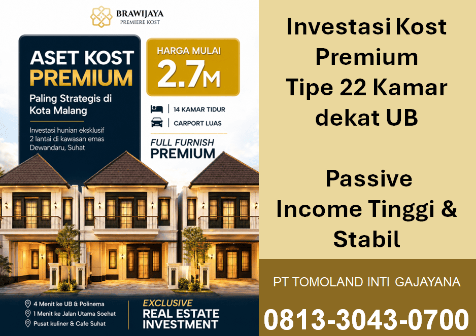 Investasi Kost 22 Kamar dekat UB, Passive Income Tinggi & Stabil